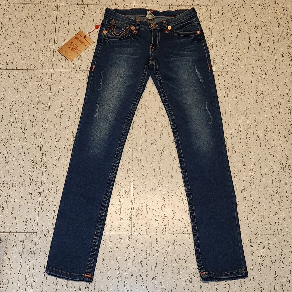 True Religion Dark Blue Distressed Billy Super T Slim Straight Leg Jeans BNWT - Picture 2 of 10